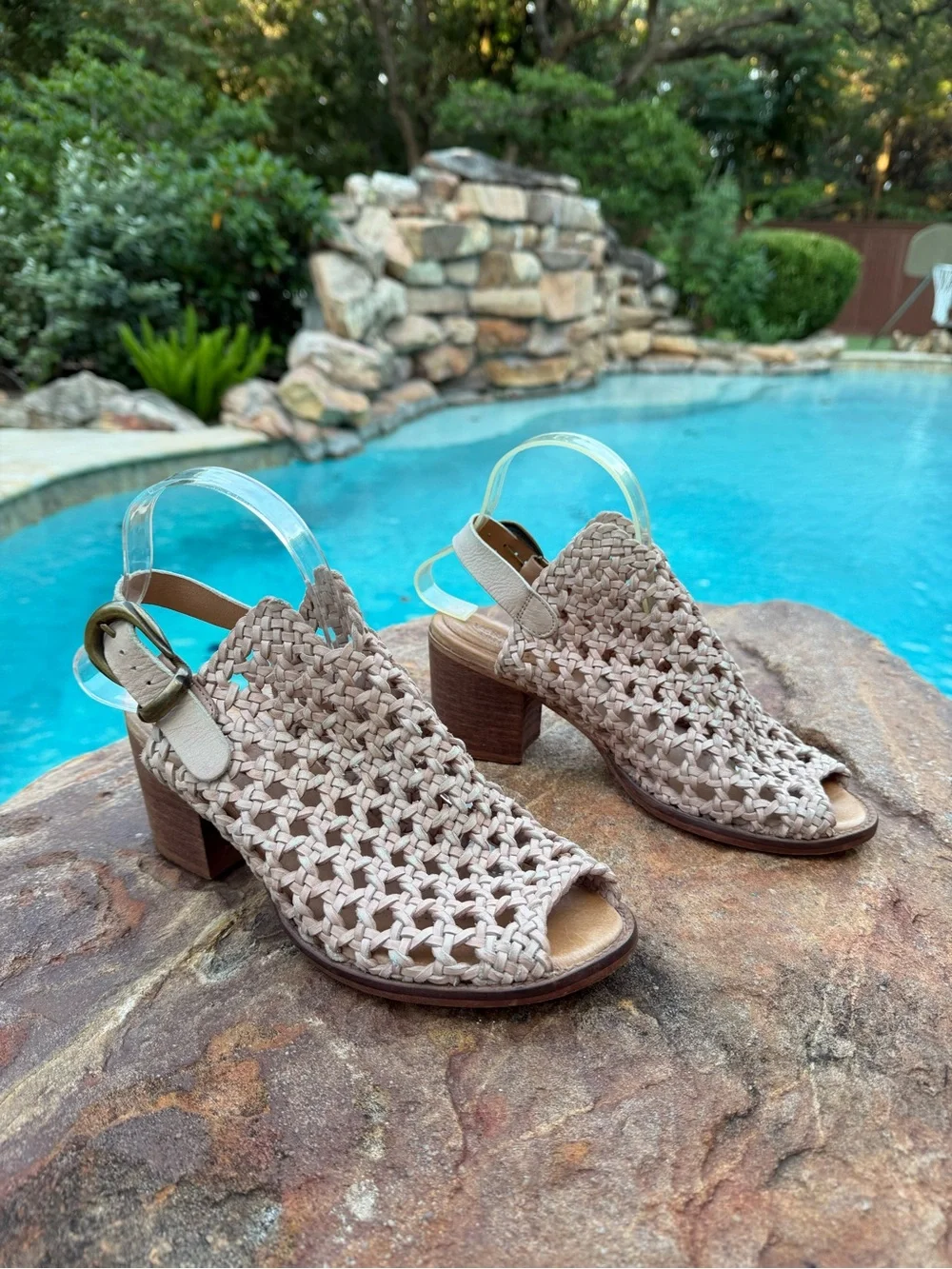 Veracruz Artisans Leather Woven Peep-Toe Slingback Block Heel Sandals